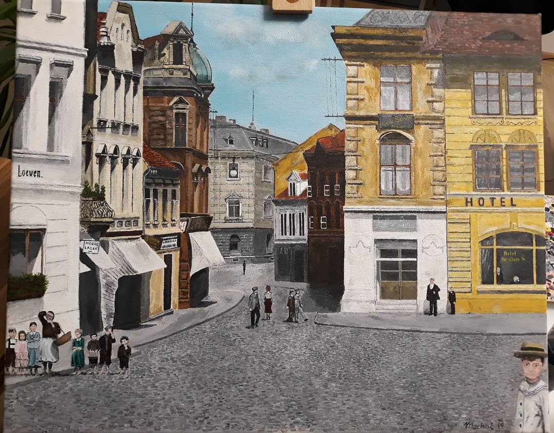 My newest (3rd) painting 😎 Old city of Most (Brüx) 1928 #nomadic #most #oldtown #painting #acrylicpainting